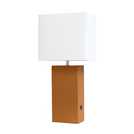 Modern Leather Table Lamp With USB And White Fabric Shade, Tan